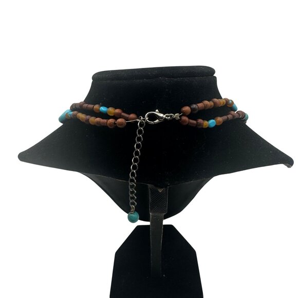 Multi-Layered Wooden & Turquoise Beaded Necklace W/ Silver Tone Pendant - Picture 4 of 4